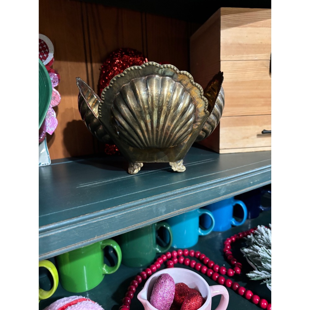 Vintage Brass Clamshell Planter Flower Pot